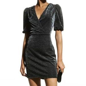 AIDEN V-Neck Puff Sleeve Green Teal/Black Metallic Wrap Bodycon Wrap Dress 2